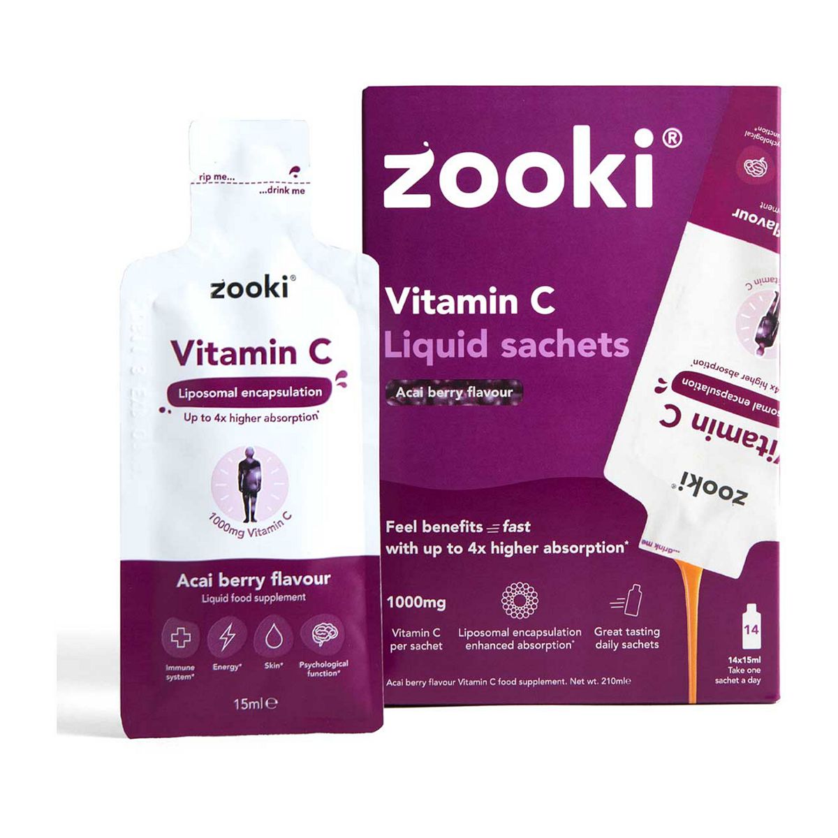 Zooki Liposomal Vitamin C, Acai Berry Flavour 15Ml - 14 Liquid Sachets