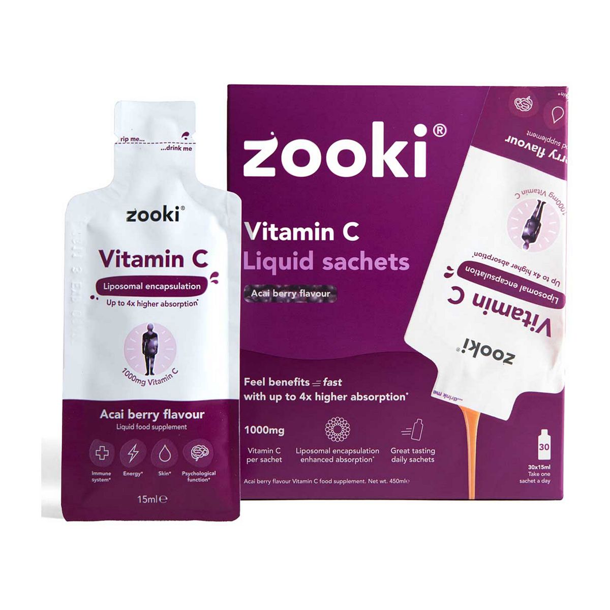 Zooki Liposomal Vitamin C, Acai Berry Flavour 15Ml - 30 Liquid Sachets
