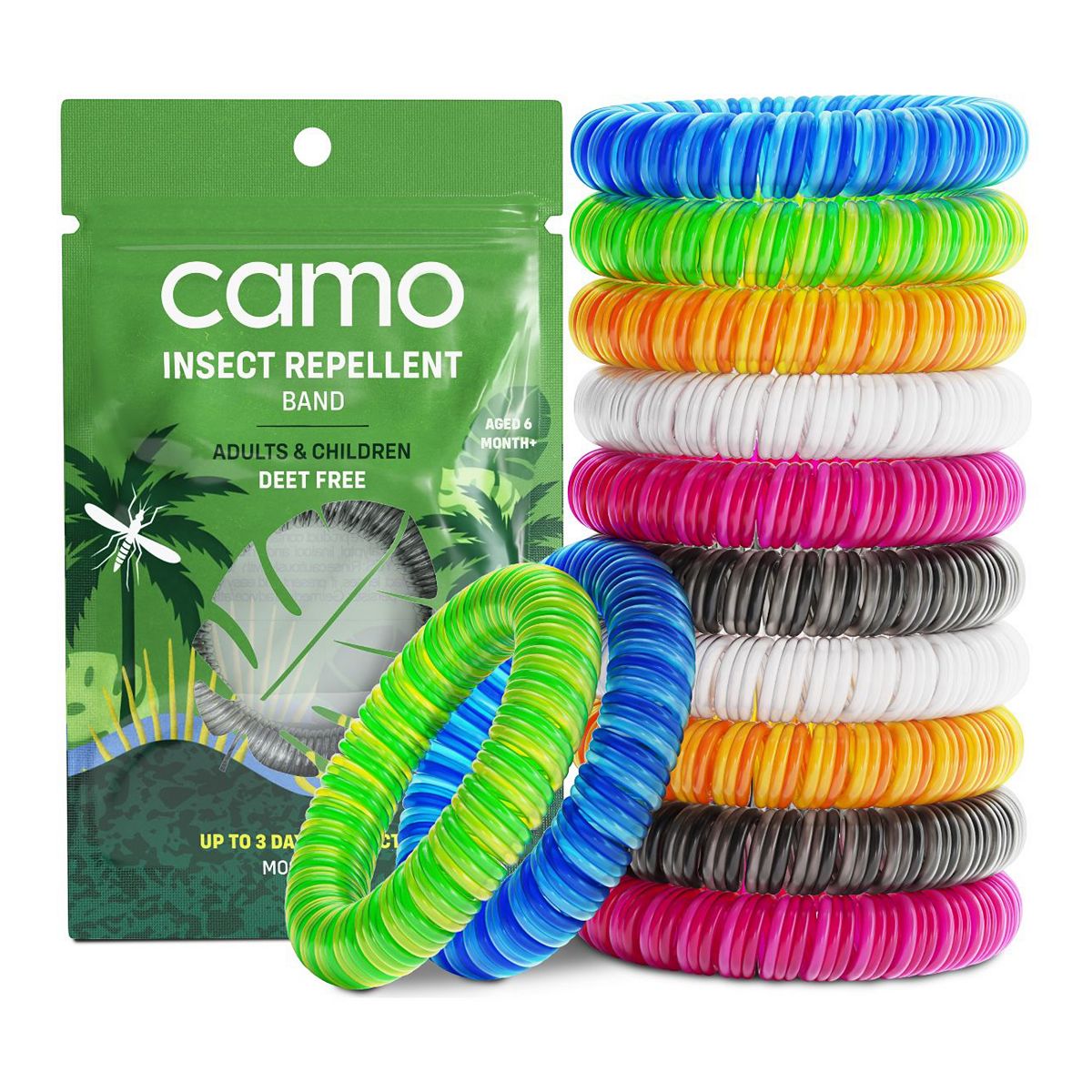 Camo Insect Repellent Band, 3 Days Protection, Resealable Packing, Waterproof, Deet Free, No Mess Solution.