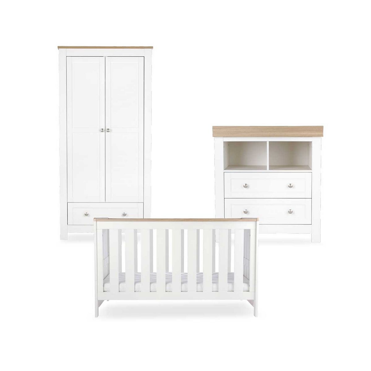 Cuddleco Burford 3Pc Set White/Oak Cot Dresser & Wardrobe