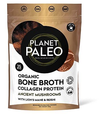 Click to view product details and reviews for Planet Paleo Organic Bone Broth Protein Powder Ancient Mushrooms 225g.