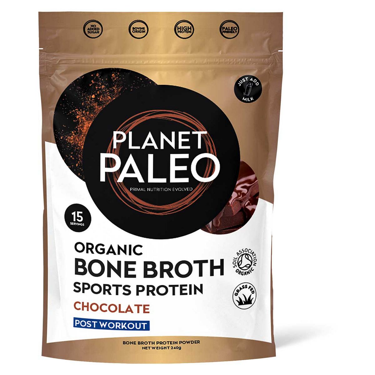 Planet Paleo Organic Bone Broth Protein Powder Sports Chocolate 240G