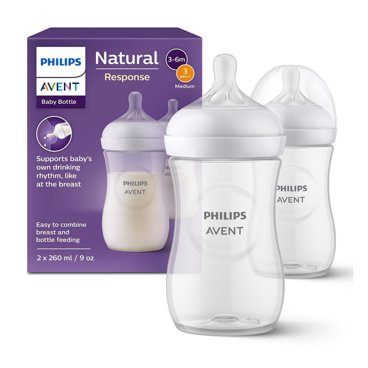 Avent Philips Natural Response Bottle Medium Flow 3 Teat 2X 260Ml Scy903/02