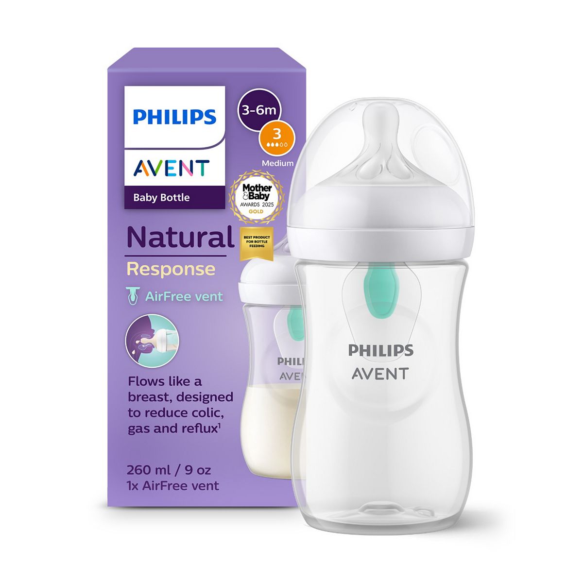 Avent Philips Natural Response Bottle With Airfree Vent Medium Flow 3 Teat 260Ml Scy673/01