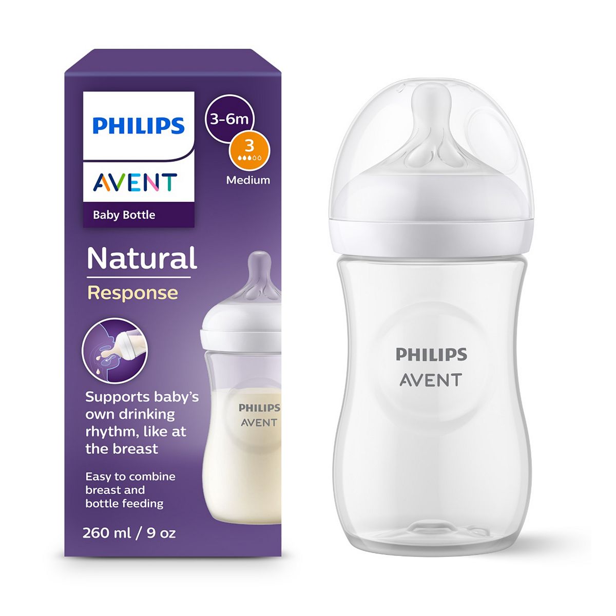 Avent Philips Natural Response Bottle Medium Flow 3 Teat 260Ml Scy903/01