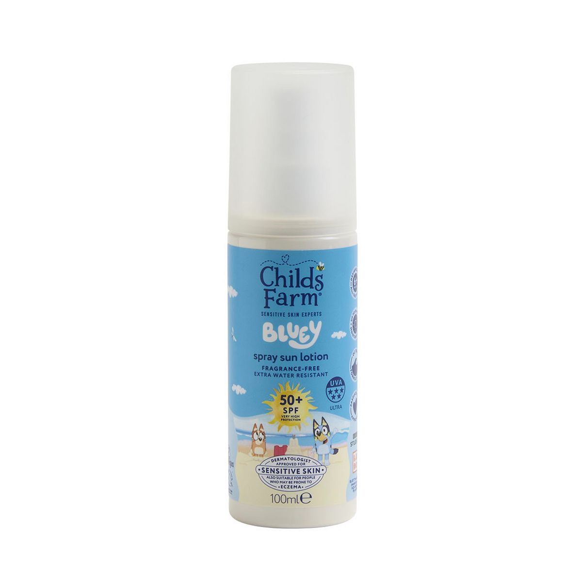 Childs Farm Bluey Spf 50+ Sun Lotion Spray Fragrance Free Sunscreen For Kids & Sensitive Skin 100ml