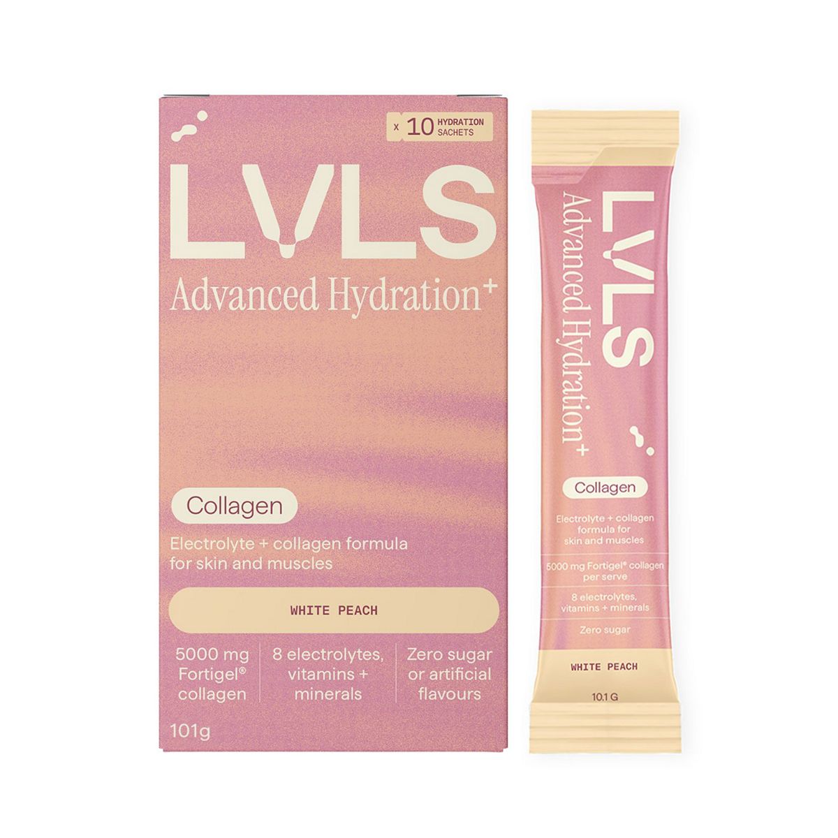 YOURLVLS Lvls Advanced Hydration+ 5000Mg Collagen Electrolyte Powder White Peach 10 Pack