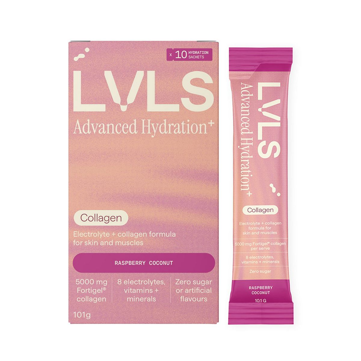 YOURLVLS Lvls Advanced Hydration+ 5000Mg Collagen Electrolyte Powder Raspberry Coconut 10 Pack