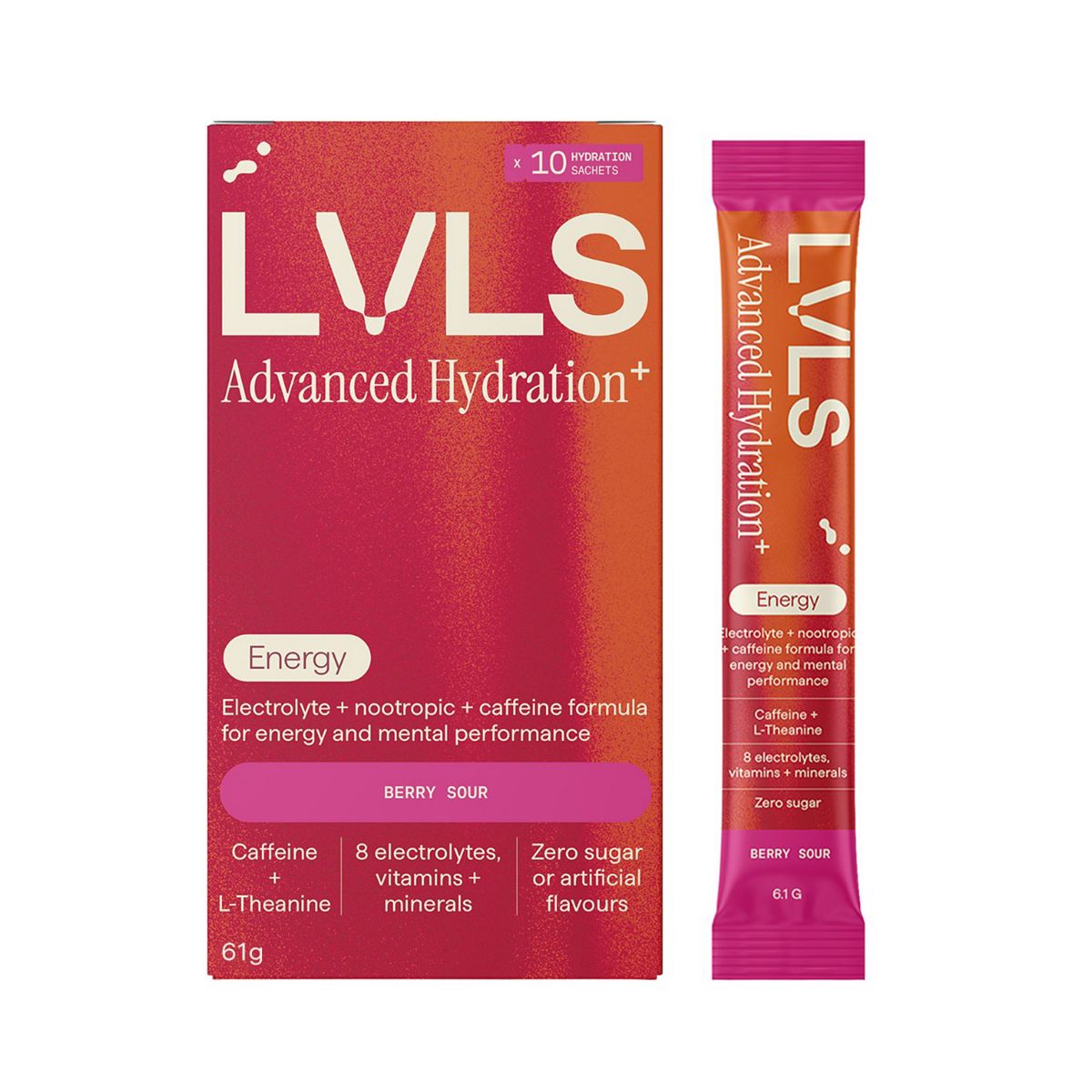 YOURLVLS Lvls Advanced Hydration+ Energy Electrolyte Powder Berry Sour 10 Pack