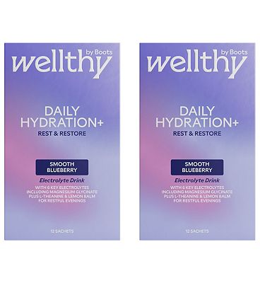 Click to view product details and reviews for Wellthy By Boots Daily Hydration Electrolyte Powder Smooth Blueberry Flavour Rest Restore 24x Sachets.