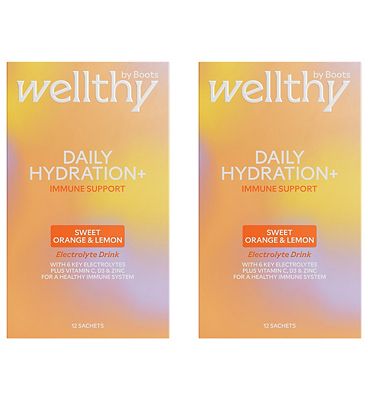 Click to view product details and reviews for Wellthy By Boots Daily Hydration Electrolyte Powder Sweet Orange Lemon Flavour Immune Support 24x Sachets.