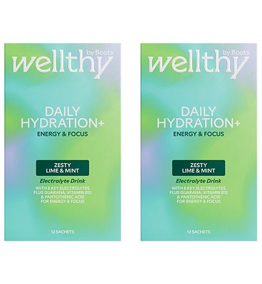 Click to view product details and reviews for Wellthy By Boots Daily Hydration Electrolyte Powder Lime Mint Flavour Energy And Focus 24x Sachets.