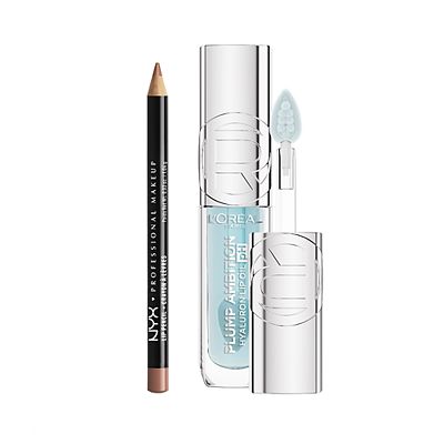 Nyx Slim Lip Liner Pencil Natural & L'oreal Paris Plump Ambition Lip Oil Ph Cristal Ice Duo