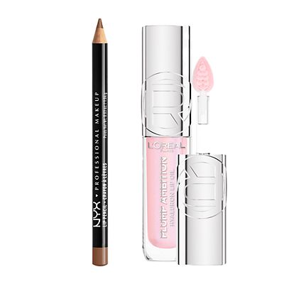 Nyx Slim Lip Liner Pencil Nude Truffle & L'oreal Paris Plump Ambition Lip Oil Ph Cristal Ice Duo