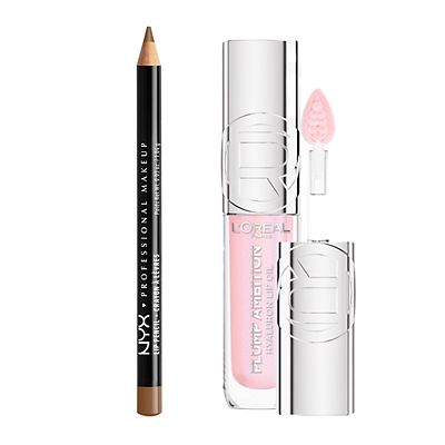 Nyx Slim Lip Liner Pencil Brown & L'oreal Paris Plump Ambition Lip Oil Ph Cristal Ice Duo