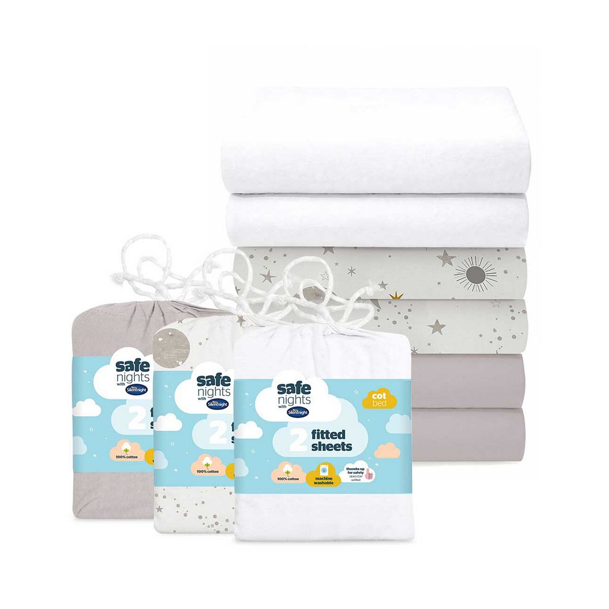 Silentnight Safe Nights Fitted Sheet Bundle - Fitted Sheet - Grey/White