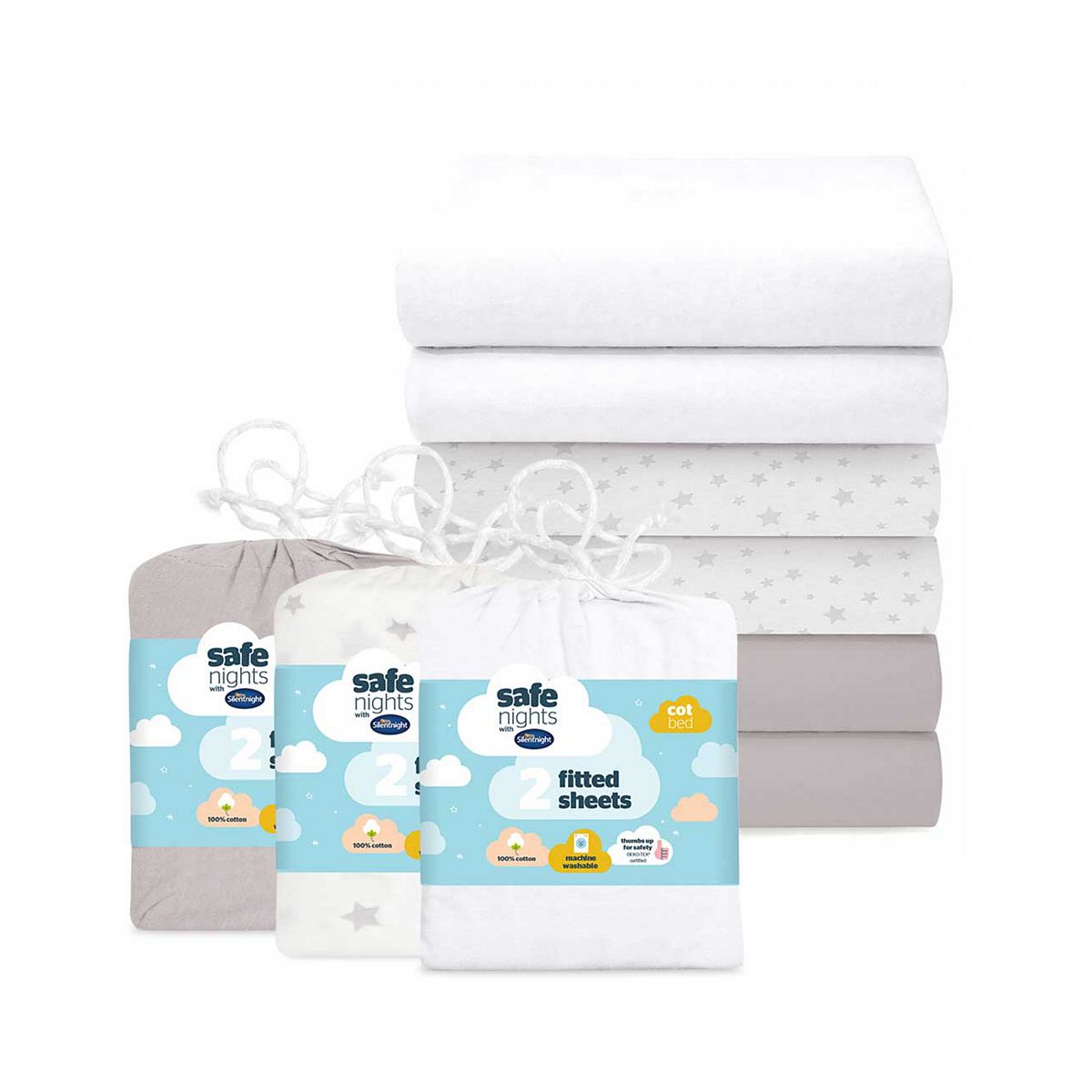 Silentnight Safe Nights Fitted Sheet Bundle - Grey/White