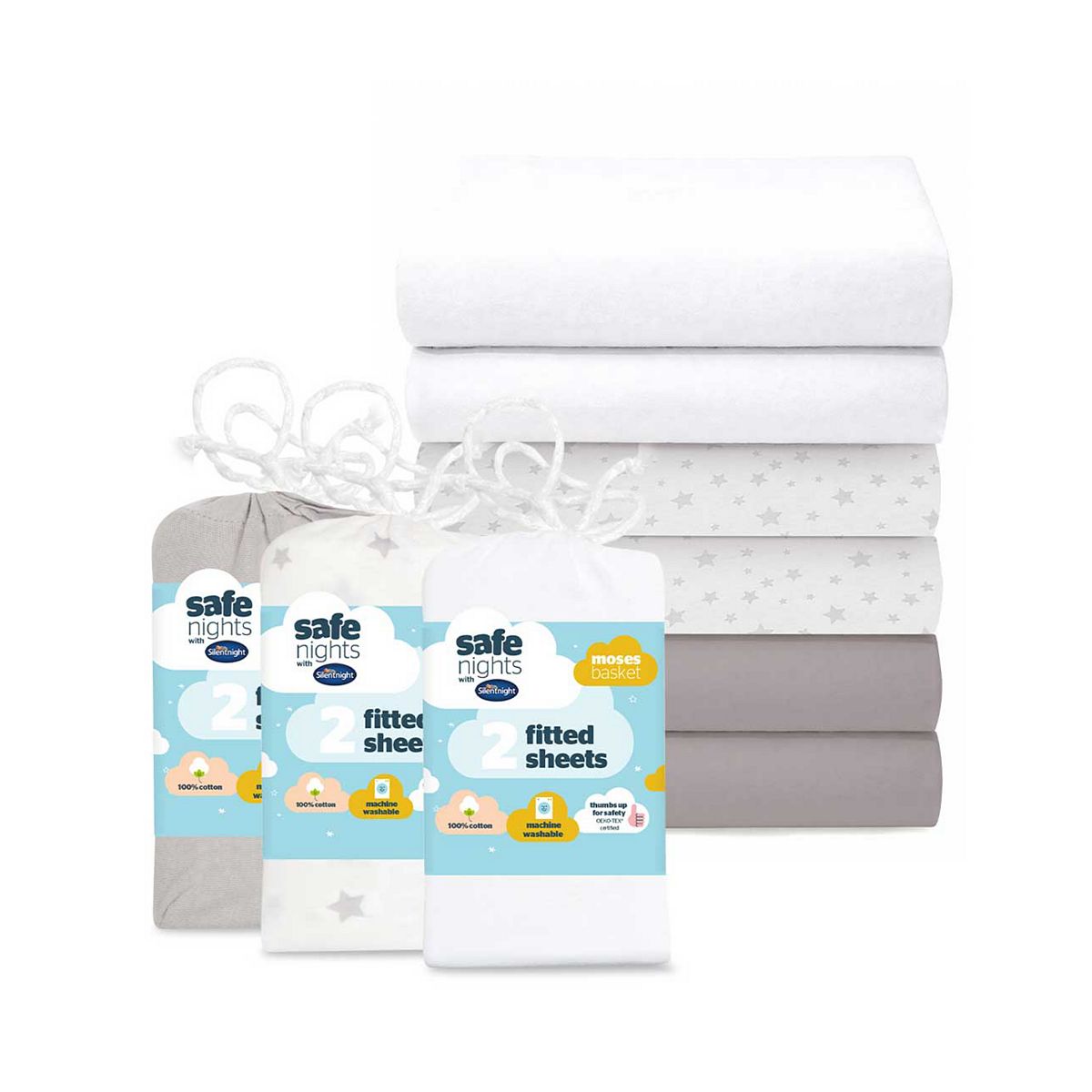 Silentnight Safe Nights Fitted Sheet Bundle - Fitted Sheet - Grey/White