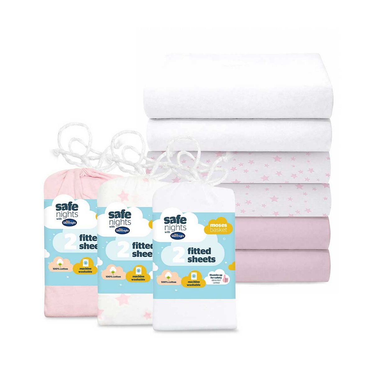 Silentnight Safe Nights Fitted Sheet Bundle - Pink/Pink Star & White