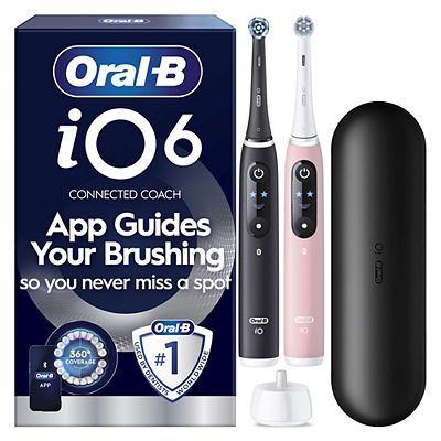 Oral B Io6 Electric Toothbrush, 2-Pack, Black & Pink, 2 Brush Heads, Premium Travel Case