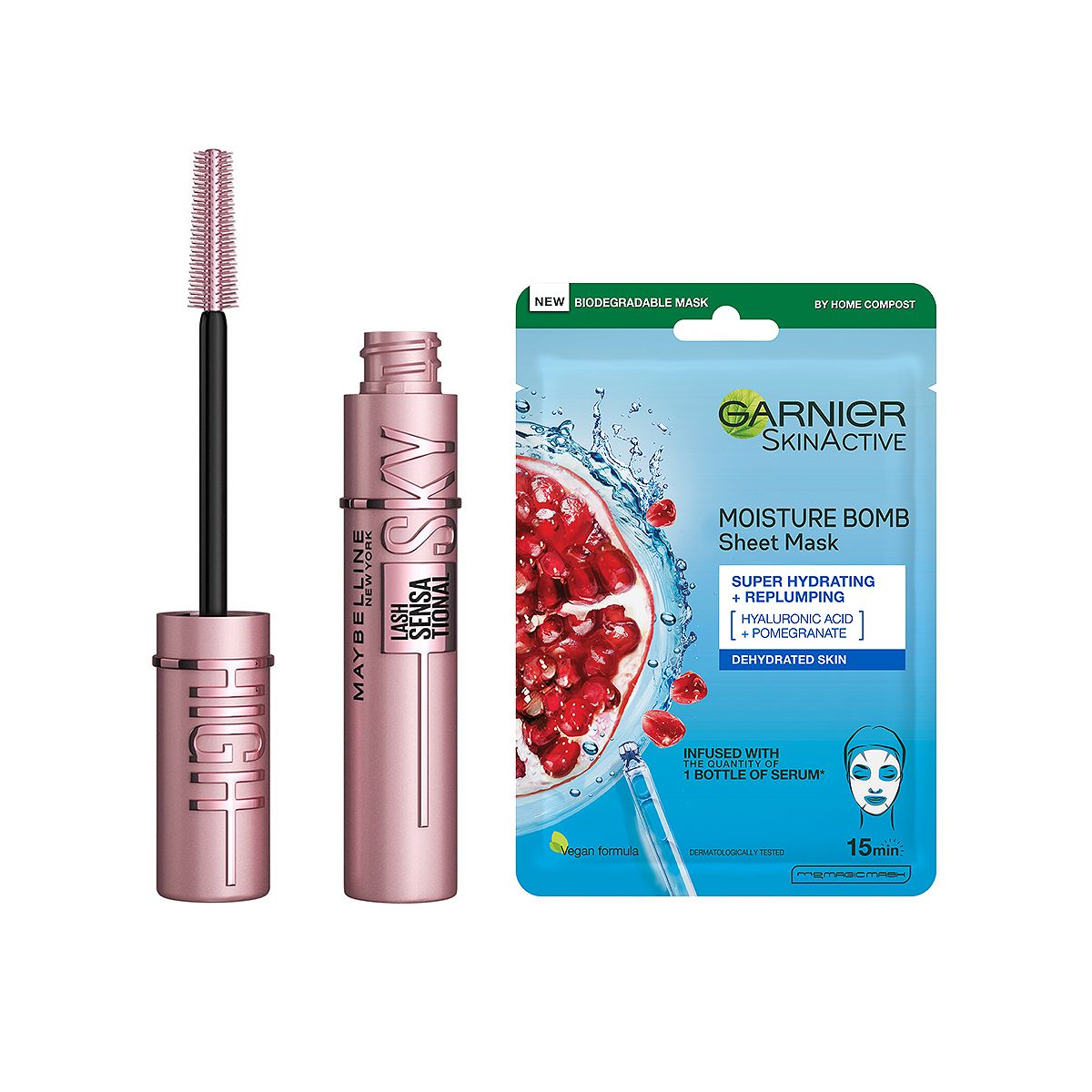Maybelline Lash Sensational Black Sky High Masara & Garnier Moisture Bomb Pomegranate Sheet Mask Duo Bundle