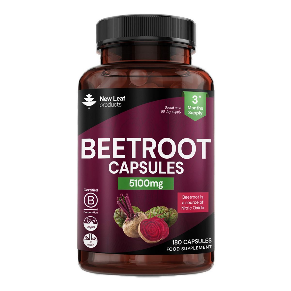 New Leaf Beetroot Capsules, 180 Tablets Nitric Oxide Enriched With Black Pepper Capsules