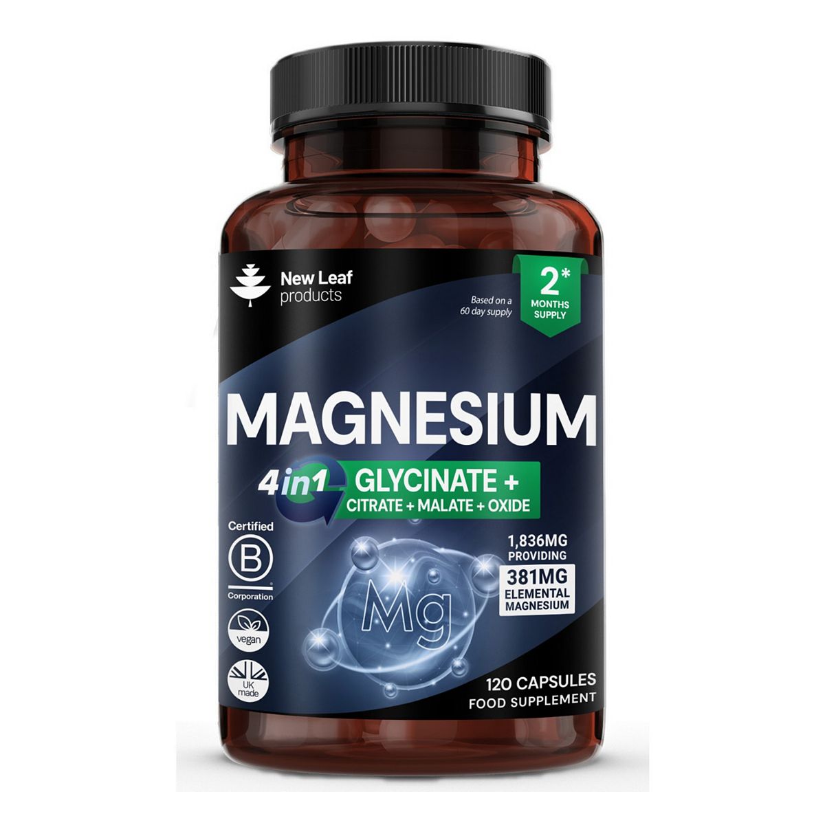 New Leaf Magnesium Glycinate 4In1 Magnesiums Complex 381Mg Elemental Per Serving 120 Capsules