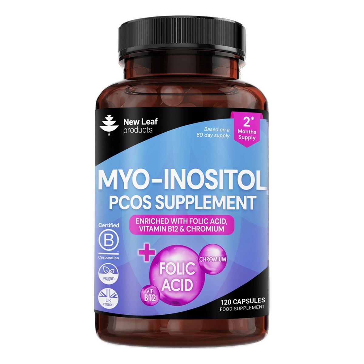New Leaf Myo-Inositol Pcos Supplement, With Folic Acid, Vitamin B12 And Chromium 120 Capsules