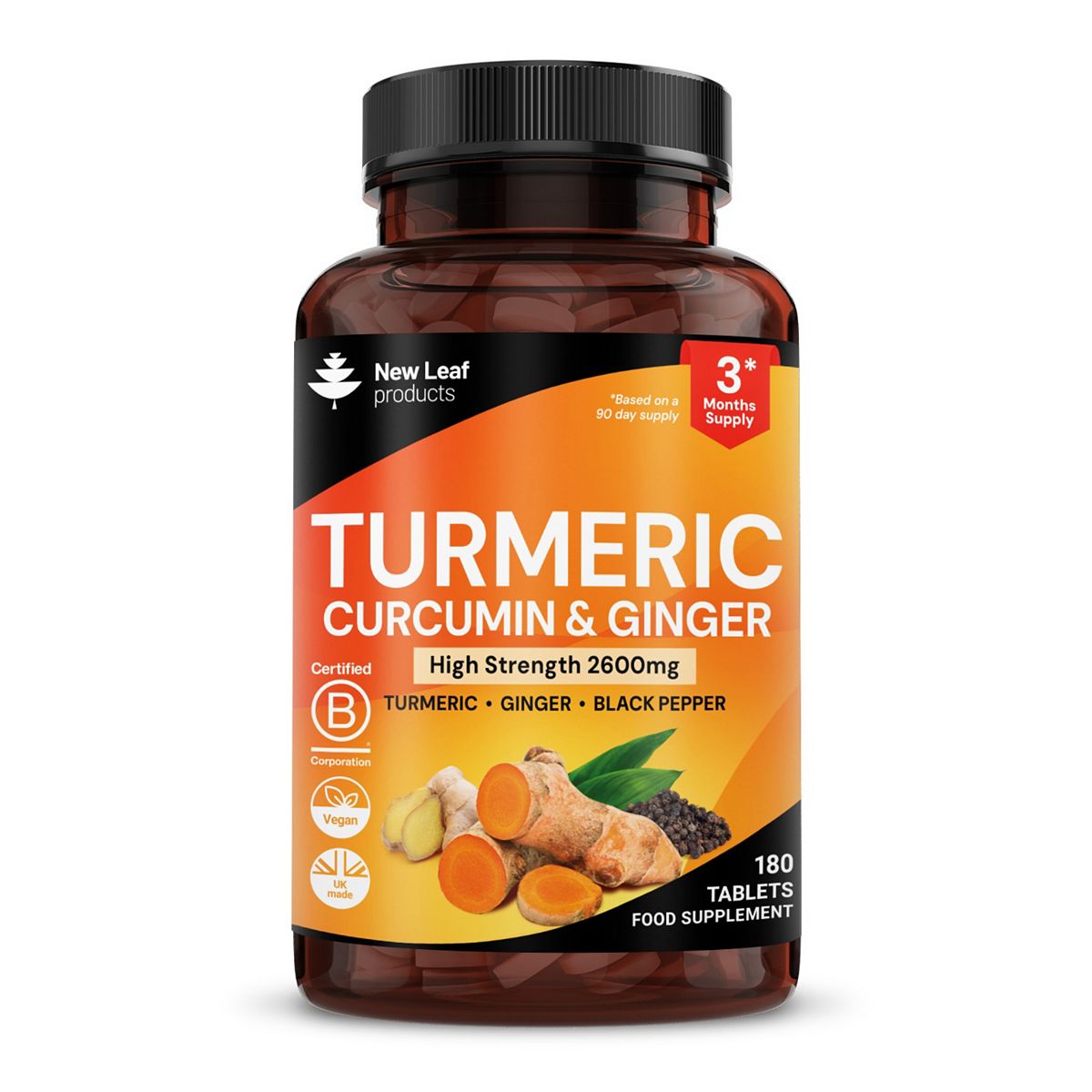 New Leaf Turmeric Tablets With Black Pepper And Ginger, 95% Curcumin Extract 180