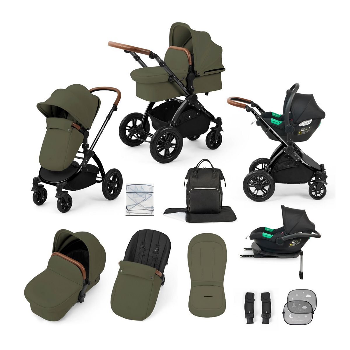 Ickle Bubba Stomp Luxe Travel System Cirrus Car Seat & Isofix – Black/Woodland/Tan