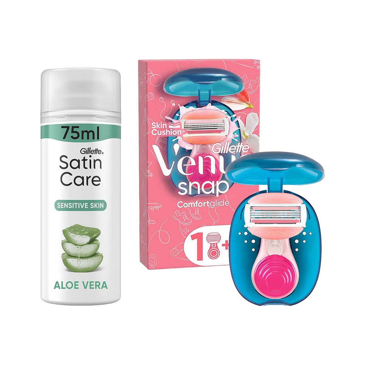 Venus Gillette Snap Travel Razor + Case & Satin Care Women's Shave Gel Aloe Vera Glide Bundle