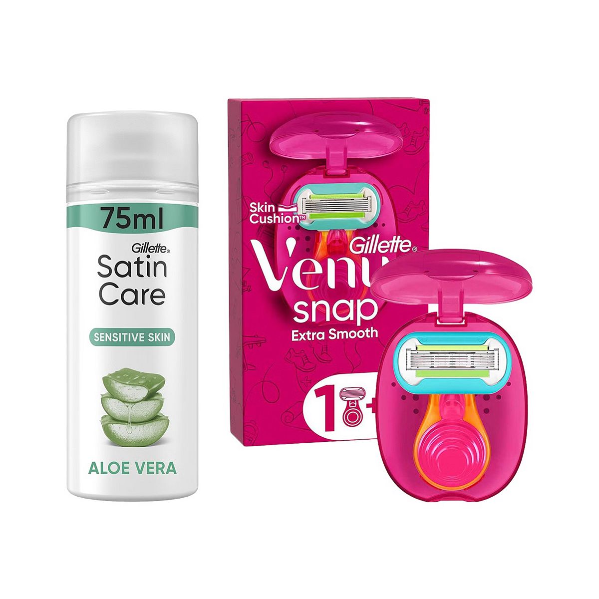 Venus Gillette Extra Smooth Snap 5 Blade Women's Travel Razor & Satin Care Shave Gel Aloe Vera Glide Bundle