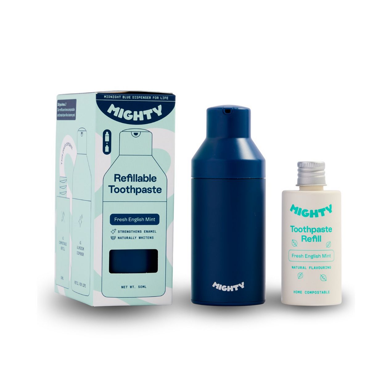 Mighty Midnight Blue Dispenser & Fresh English Mint Toothpaste Refill 50ml