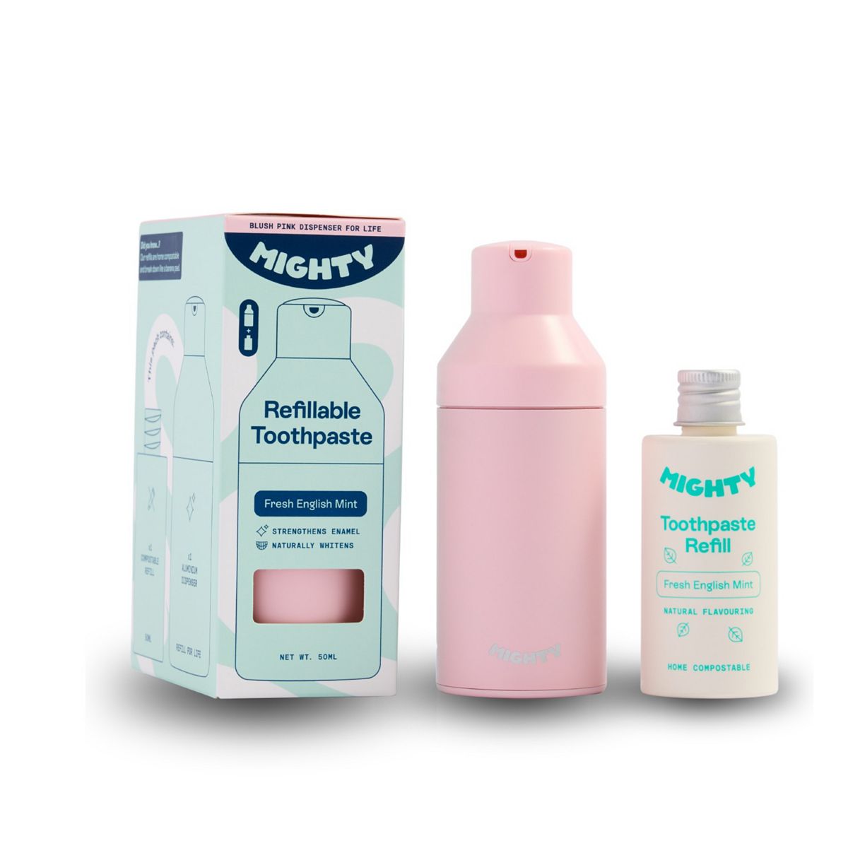 Mighty Blush Pink Dispenser & Fresh English Mint Toothpaste Refill 50ml