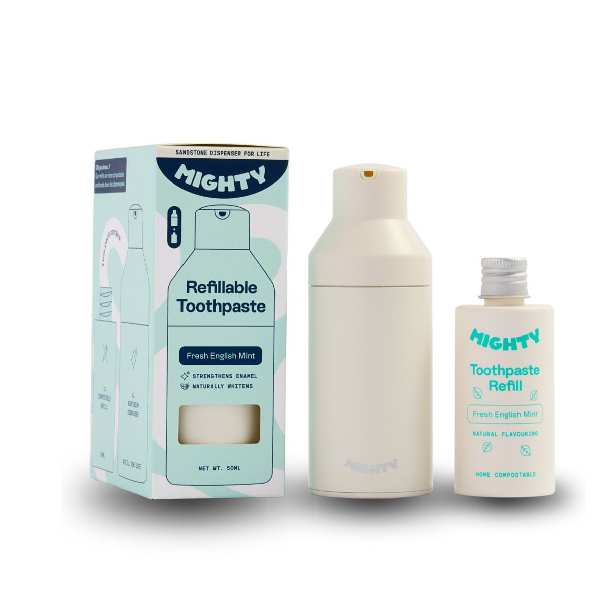 Mighty Sandstone Dispenser & Fresh English Mint Toothpaste Refill 50ml