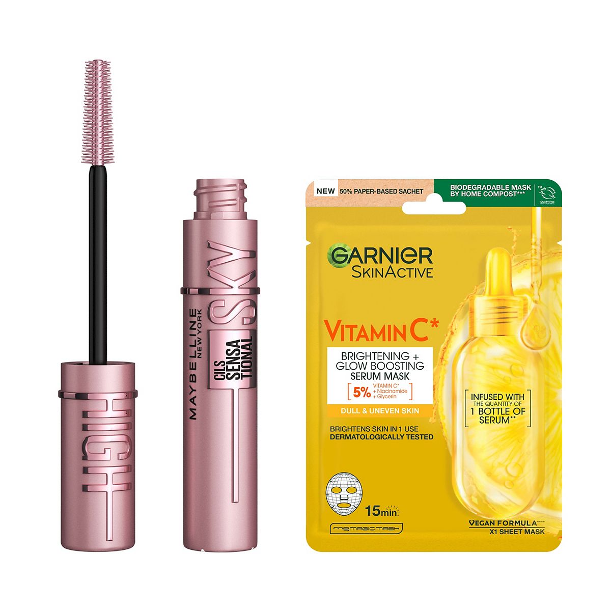 Maybelline Sky High Brown & Garnier Vitamin C Face Mask