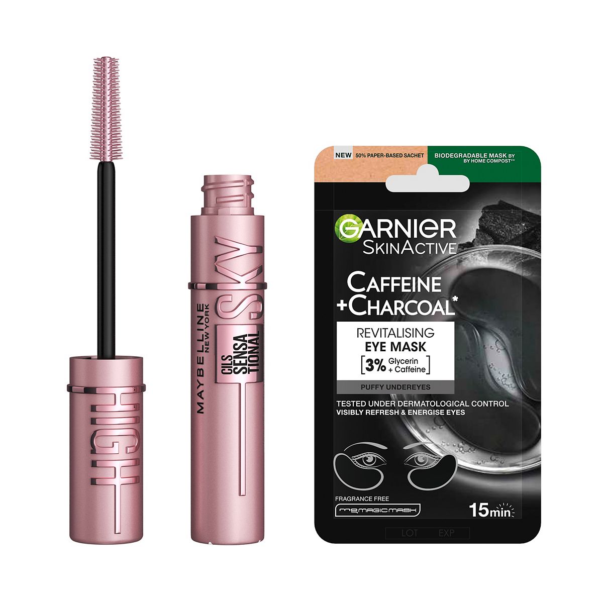 Maybelline Sky High Brown & Garnier Depuffing Eye Mask