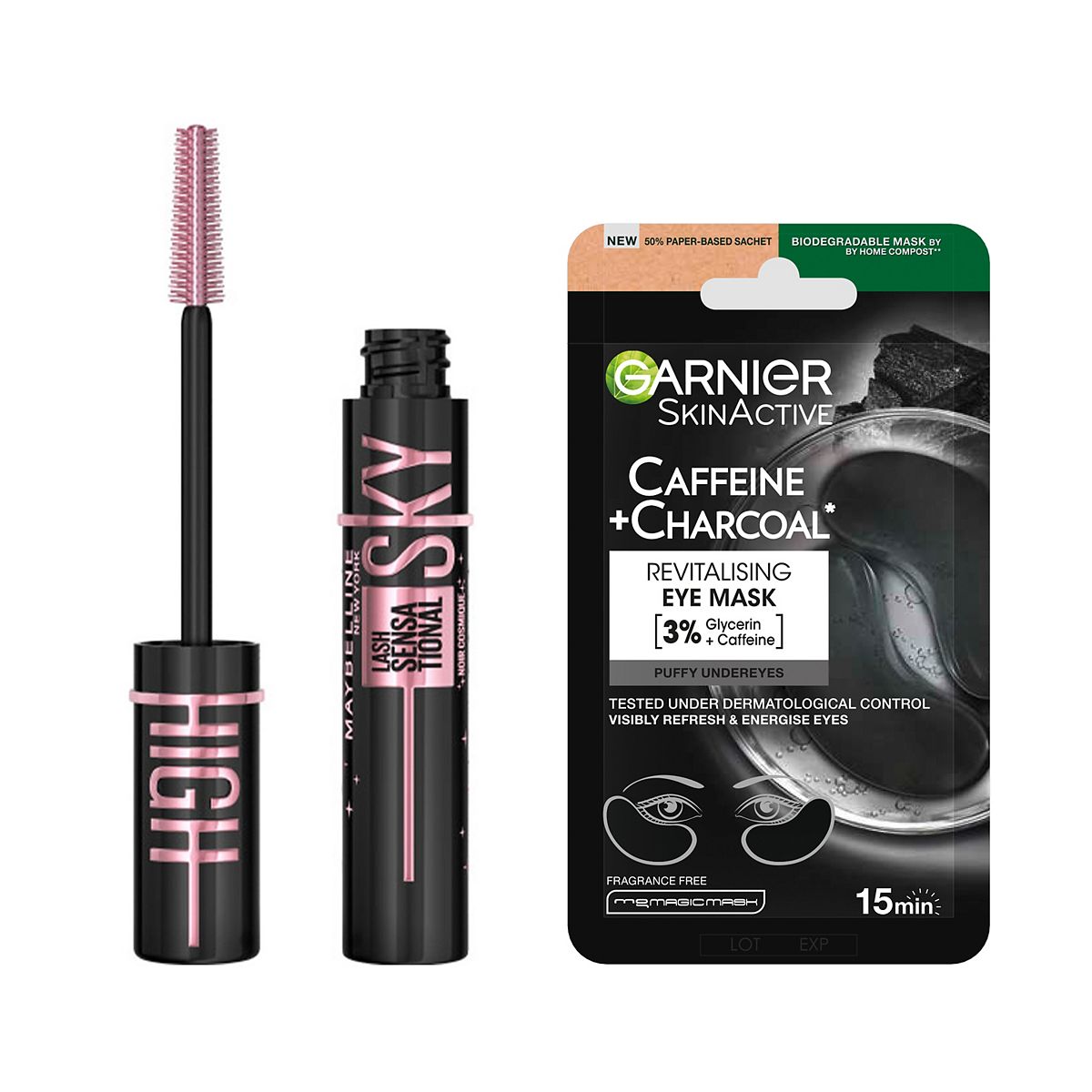 Maybelline Sky High Cosmic Black & Garnier Depuffing Eye Mask
