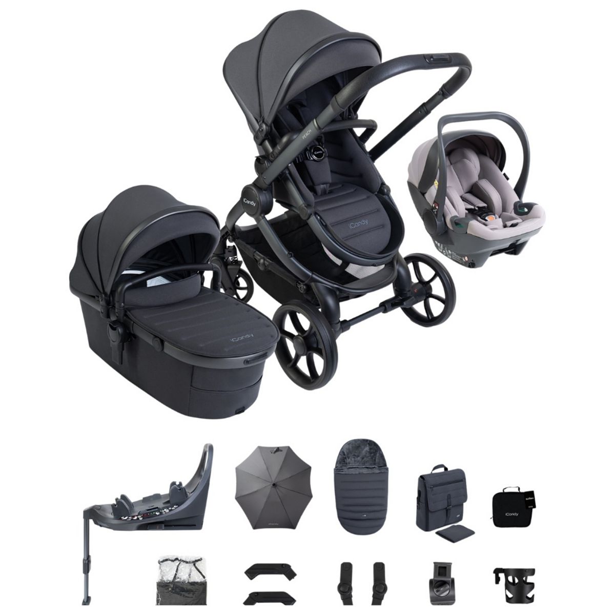 Icandy Peach 8 Grey Complete Travel System Bundle With Cocoon 360 And Base Storm