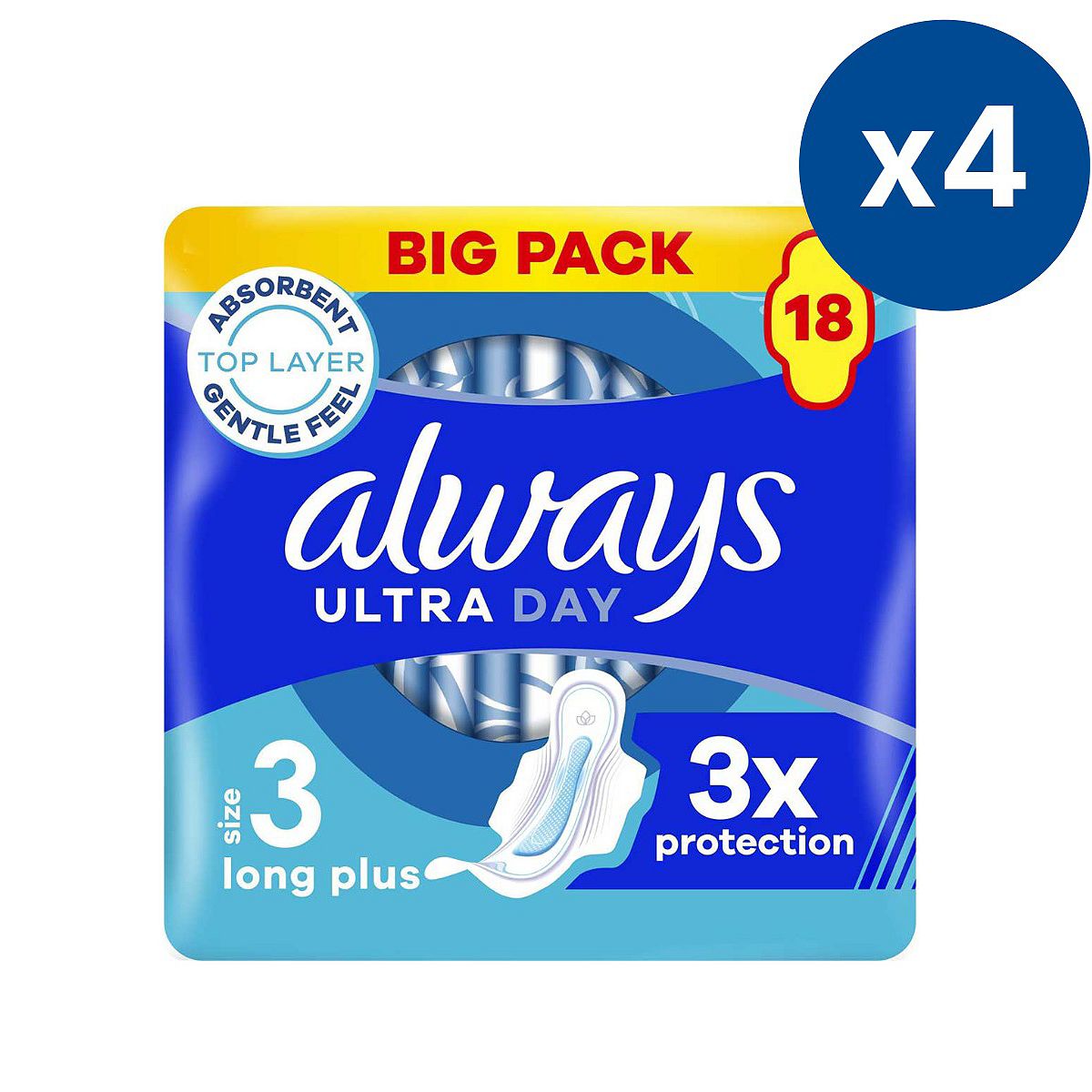Always Ultra Sanitary Towels Long Plus (Size 3) With Wings 18 Pads X4 Bundle