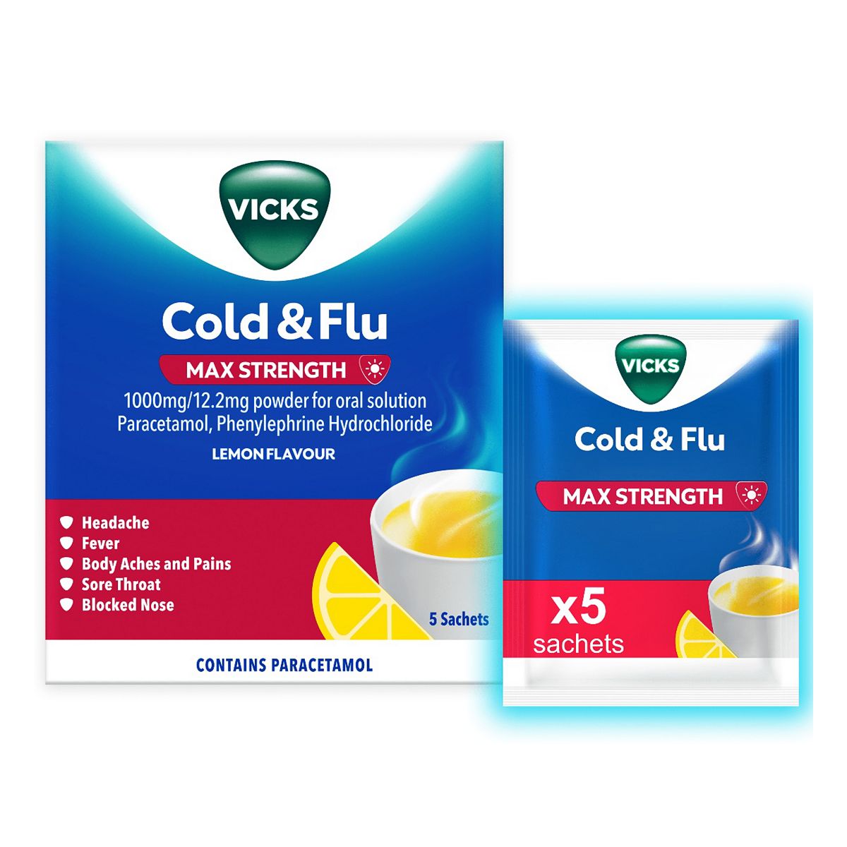 Vicks Cold & Flu Max Strength 1000Mg/12.2Mg Powder For Oral Solution - 5 Sachets