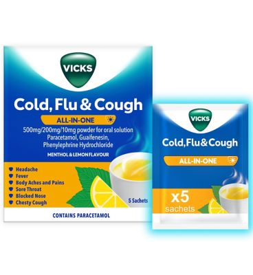 Vicks Cold, Flu & Cough All-In-One 500mg/200mg/10mg Powder for Oral ...
