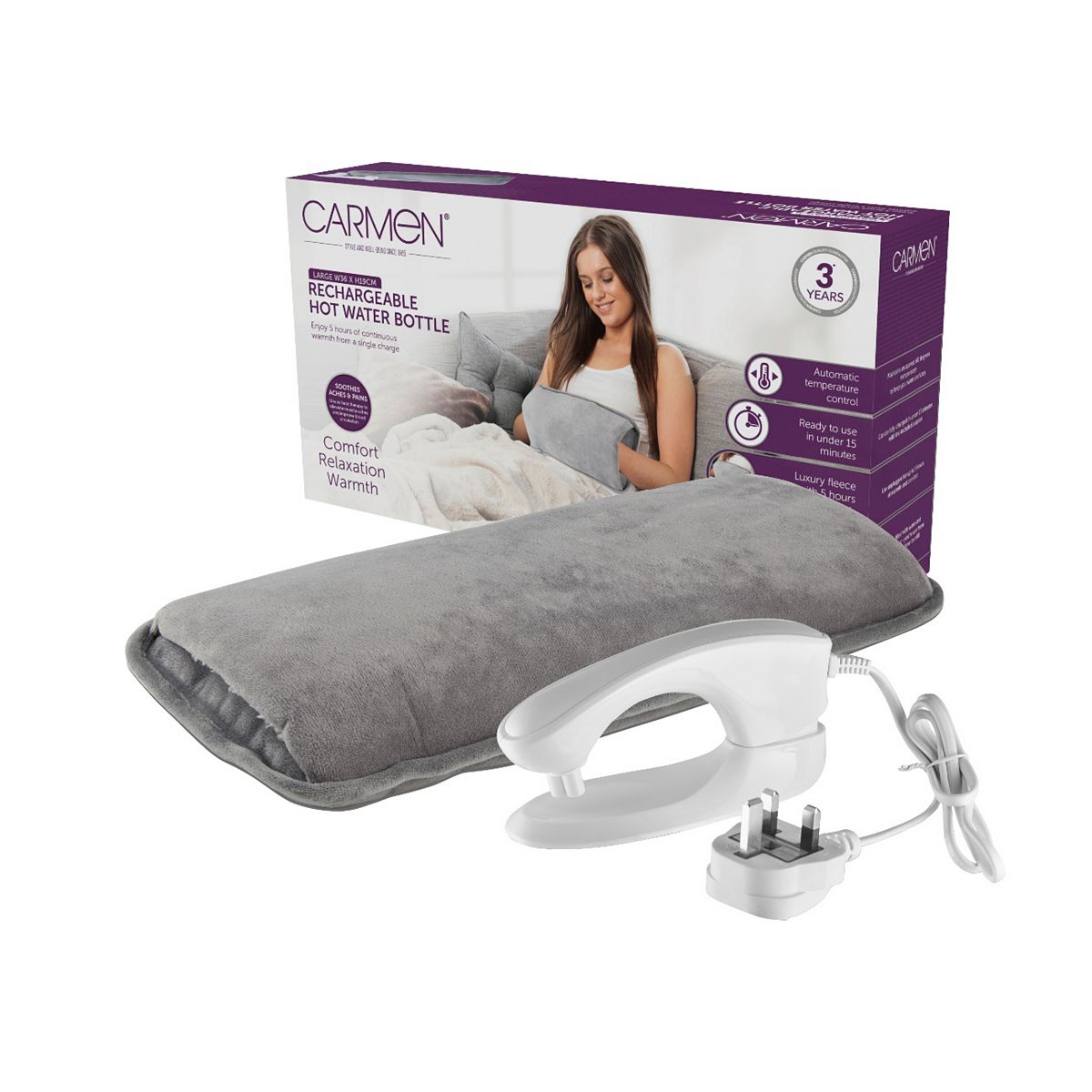 Carmen Spa Large Rechargeable Hot Water Bottle 36 X 19Cm Grey