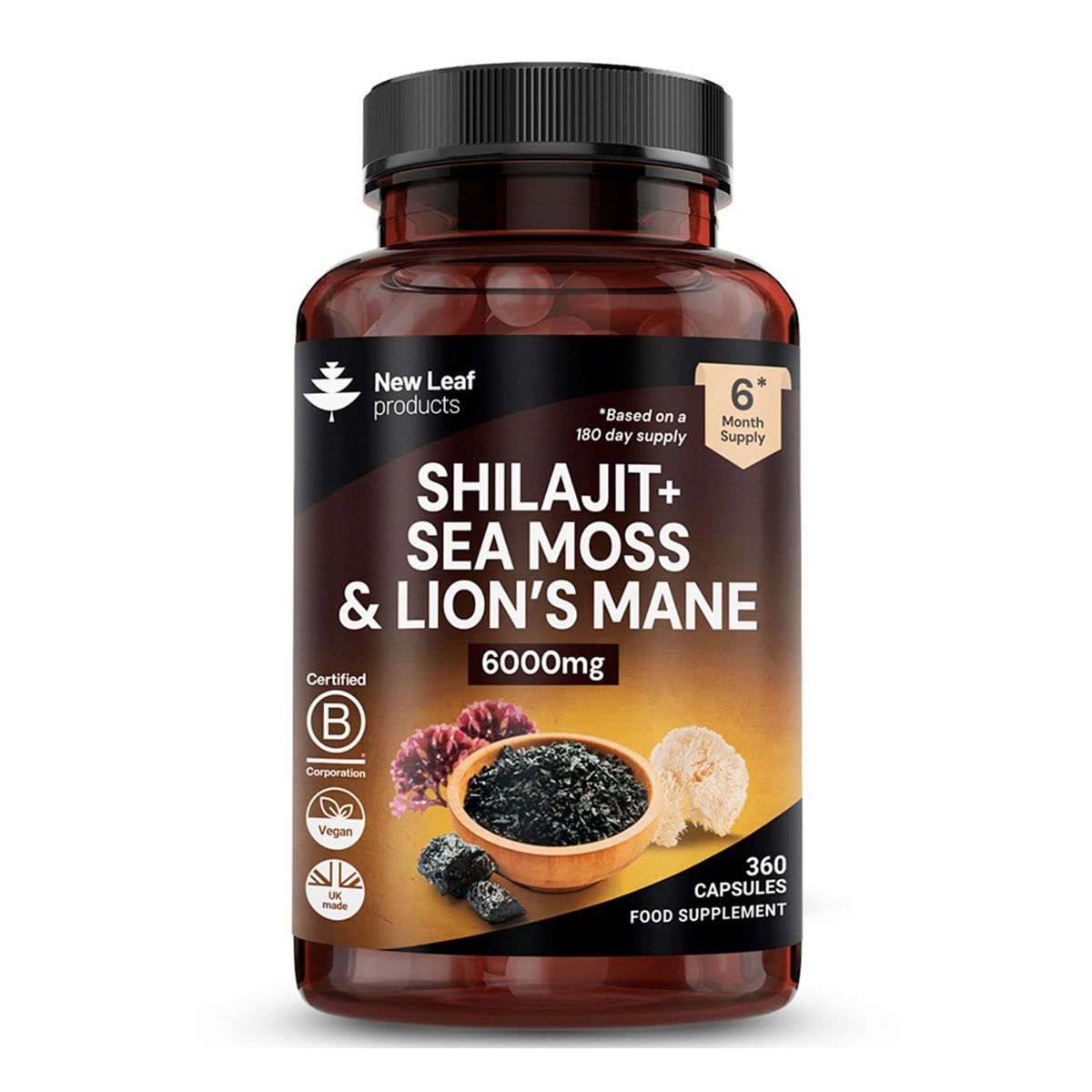 New Leaf Shillajit Sea Moss & Lions Mane 6000Mg P/s - 100% Fruiting Body Vegan 360 Capsules