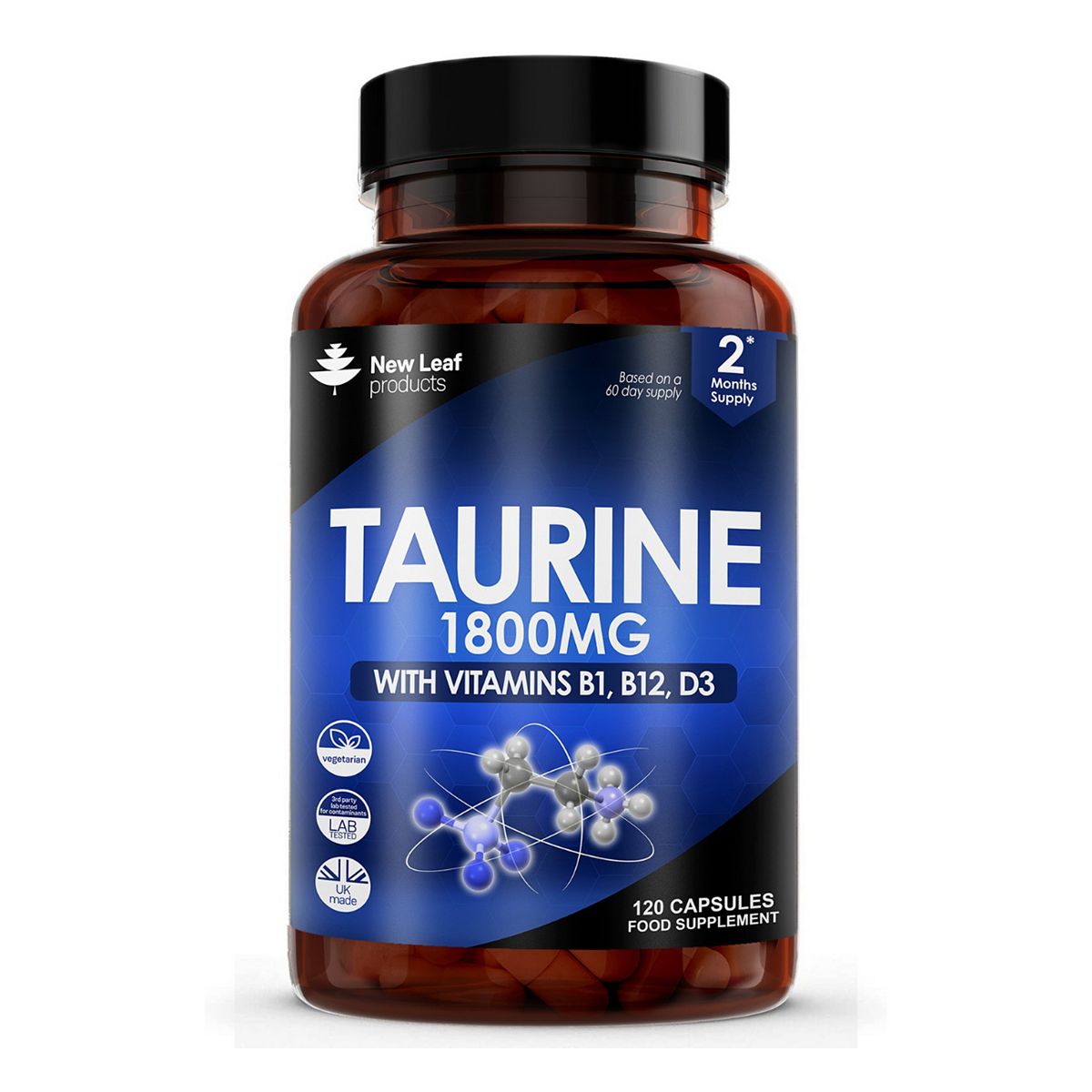 New Leaf Taurine Supplement - 1800Mg Capsules + Vitamin B1, B12 & D3 120