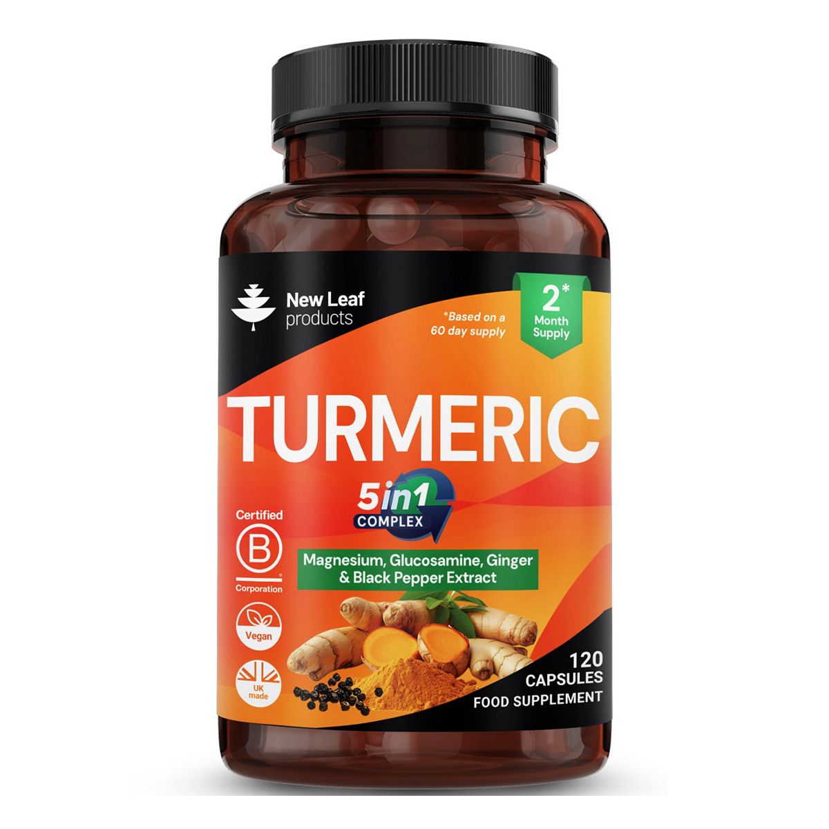 New Leaf Turmeric 5In1 Complex + Magnesium, Glucosamine, Ginger & Black Pepper 120 Capsules