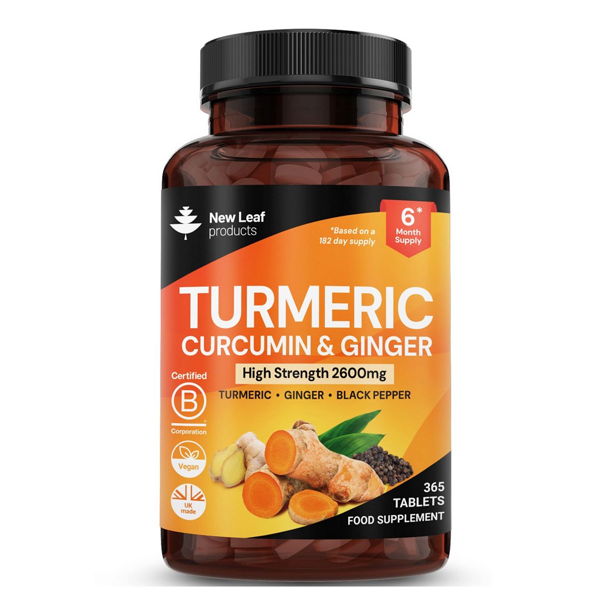 New Leaf Turmeric Supplements 2600Mg Ginger & Black Pepper Uk Made 365 Tablets