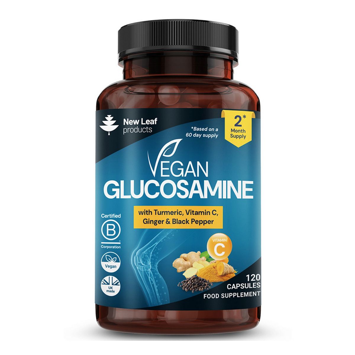 New Leaf Vegan Glucosamine Capsules + Turmeric, Vitamin C, Ginger & Black Pepper 120