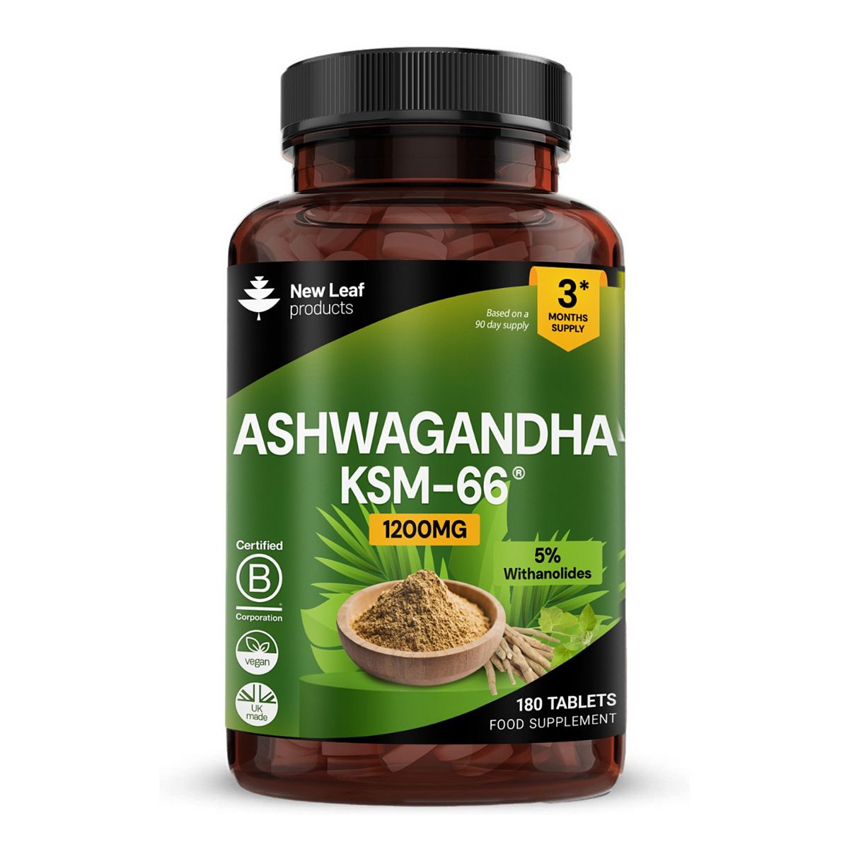 New Leaf Ashwagandha Ksm 66 1200Mg Vegan Root Extract High Strength 180 Tablets