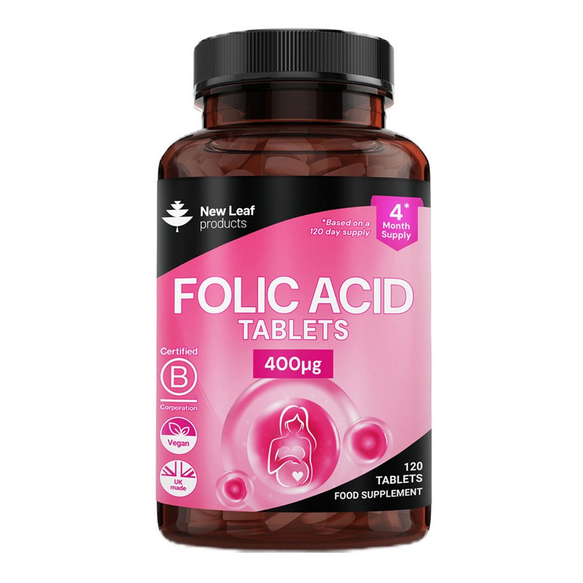 New Leaf Folic Acid Tablets 400Mcg High Strength Pregnancy Vitamins 120